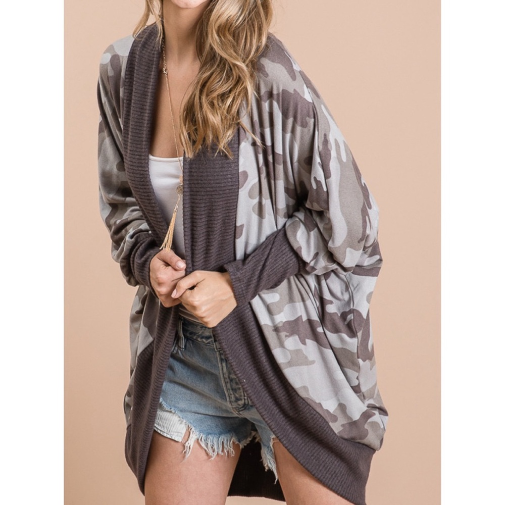 First Love Gray Camouflage Print Cardigan with Dolman style sleeves